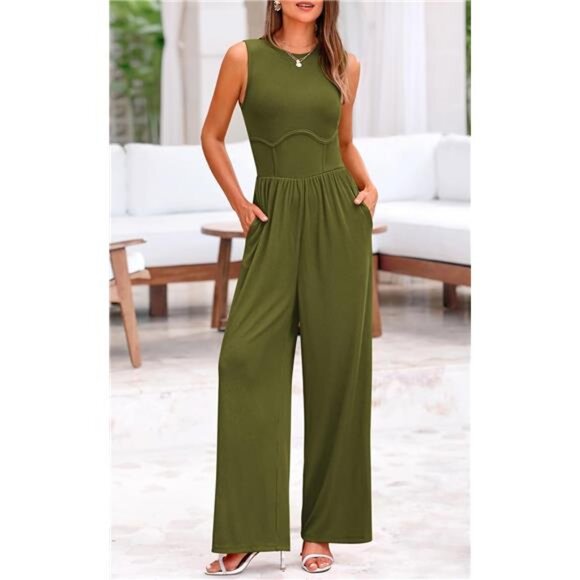 Women's Summer Sleeveless One Piece Jumpsuits Green - Picture 5 of 6